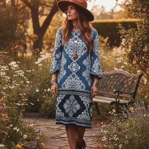 Studio one Boho Bell-Sleeve Dress  size small 70's vibe retro coachella hippie
